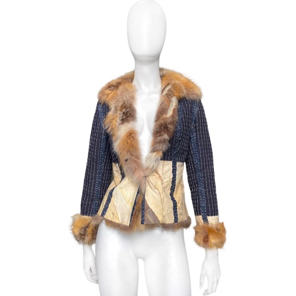 Stylish Blue and Tan Fur-Trimmed Women's Jacket